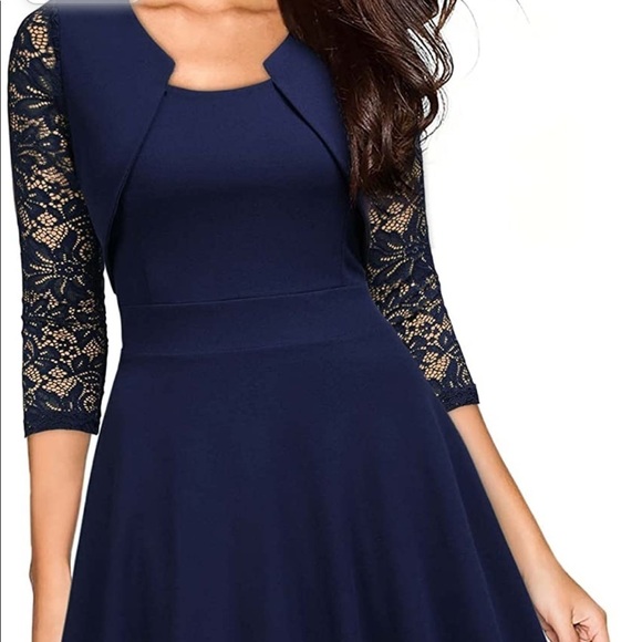 NEW WITH TAGS Navy Blue Dress with Lace Sleeves, Dainty Lace size Medium - Picture 2 of 11